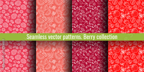 Seamless pattern set. Juicy berry collection. Cherry, strawberry, raspberry, watermelon. Hand drawn color vector sketch background. Colorful doodle wallpaper. Summer print