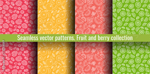 Seamless pattern set. Fruit and berry collection. Kiwi, raspberry, mandarin, tangerine, watermelon. Hand drawn color vector sketch background. Colorful doodle wallpaper. Summer print