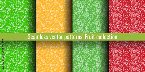 Seamless pattern set. Juicy fruit and berry collection. Grape, apple, garnet, mandarin, pomegranate, tangerine. Hand drawn color vector sketch background. Colorful doodle wallpaper. Summer print