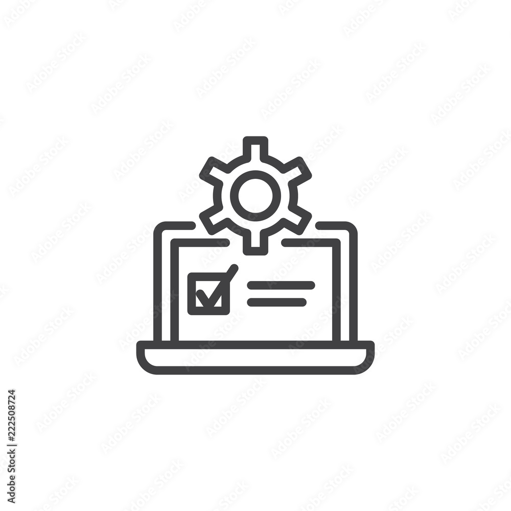 Laptop and gear outline icon. linear style sign for mobile concept and web design. laptop settings simple line vector icon. Symbol, logo illustration. Pixel perfect vector graphics Laptop and gear outline icon. linear style sign for mobile concept and web design. laptop settings simple line vector icon. Symbol, logo illustration. Pixel perfect vector graphics