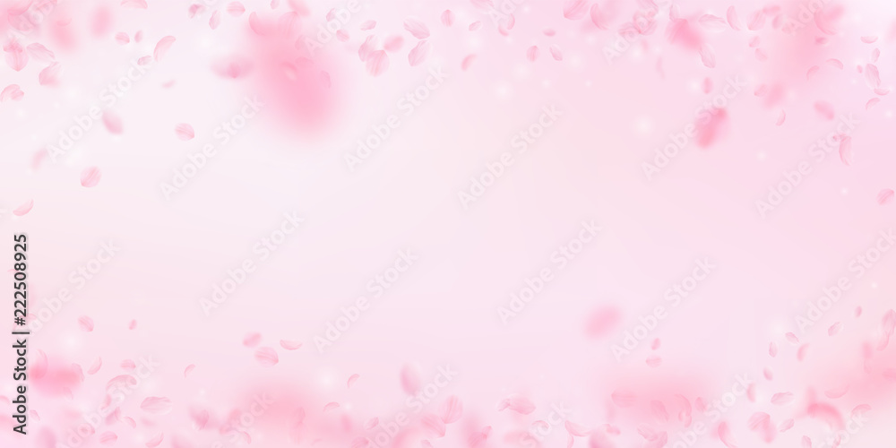 Sakura petals falling down. Romantic pink flowers vignette. Flying petals on pink wide background. L