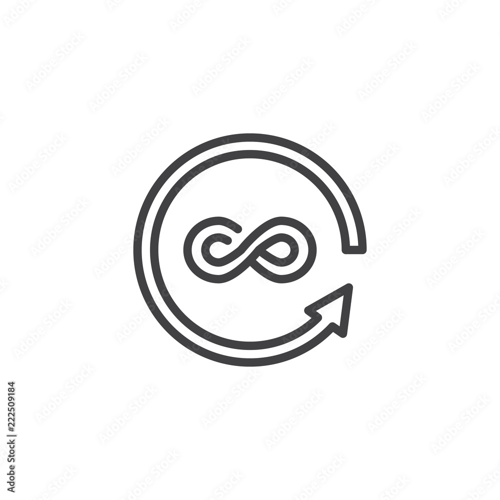 Infinity and Circular arrows outline icon. linear style sign for mobile concept and web design. simple line vector icon. Symbol, logo illustration. Pixel perfect vector graphics Infinity and Circular arrows outline icon. linear style sign for mobile concept and web design. simple line vector icon. Symbol, logo illustration. Pixel perfect vector graphics