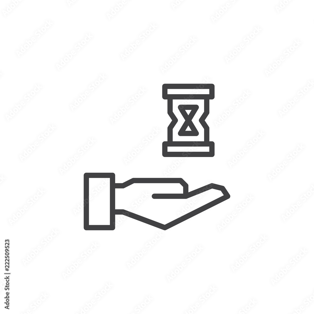 Hand holding Hourglass outline icon. linear style sign for mobile concept and web design. Time management simple line vector icon. Symbol, logo illustration. Pixel perfect vector graphics Hand holding Hourglass outline icon. linear style sign for mobile concept and web design. Time management simple line vector icon. Symbol, logo illustration. Pixel perfect vector graphics