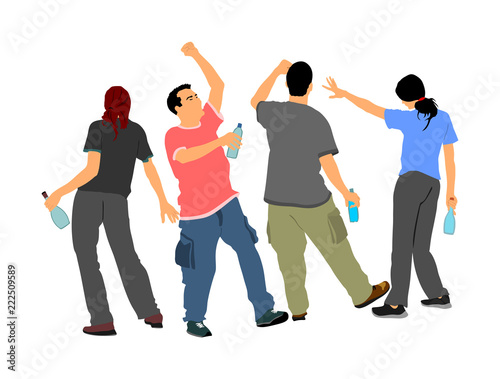 Drunk persons with alcohol bottles vector. Crew on party people listening music. Friends celebrating birthday. Teenagers night life. Social problem drugs addict. Risk behavior with drink bad example