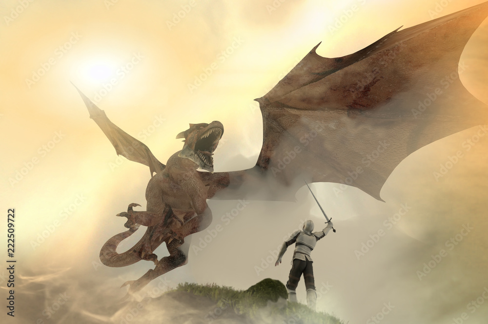 Obraz premium rycerz walczący smok, smok kontra człowiek, renderowanie 3D