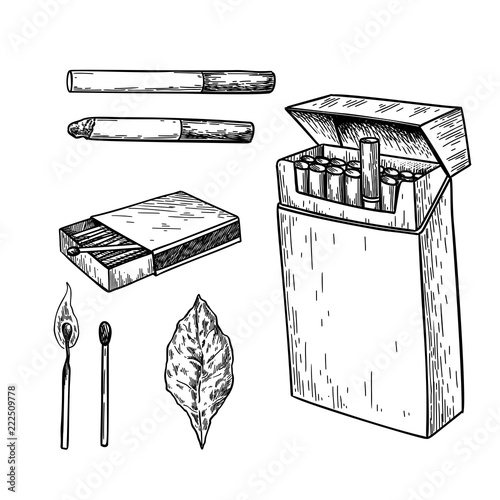 Tobbaco smoking vector drawing set. Cigarette pack, matches box,