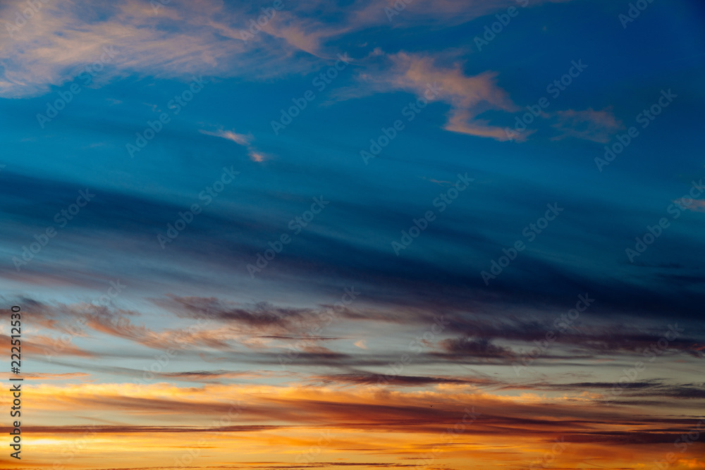 Colorful sunset with blues oranges and yellows