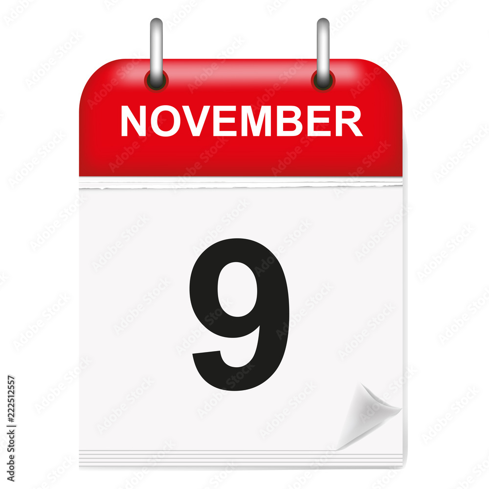 Daily single-leaf calendar, red spine, 3d, month of November,ninth,9, 9th