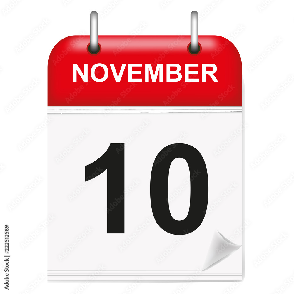 Daily single-leaf calendar, red spine, 3d, month of November,tenth,10, 10th Daily single-leaf calendar, red spine, 3d, month of November,tenth,10, 10th