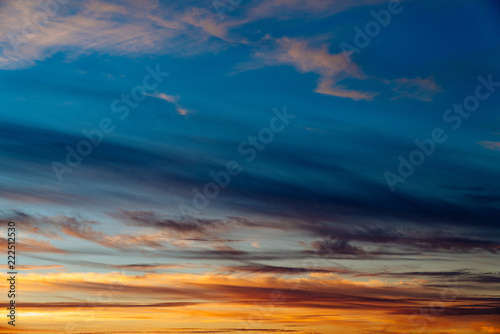 Colorful sunset with blues oranges and yellows