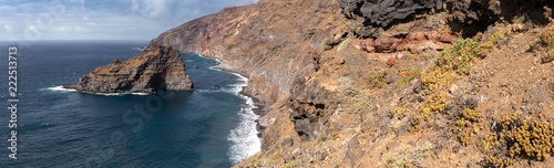 Panoramic view of the wild beach "Playa de Bujarén". Adventures on the island of La Palma Canary Islands. Ultra High Resolution Panorama.