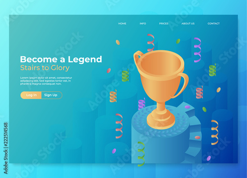 Champion landing page concept. Trophy cup on a pedestal with confetti. Isometric illustration. Sport or game victory background. Eps10 vector