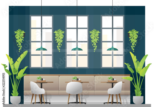 Interior scene of modern restaurant with tables and chairs for customer , vector , illustration