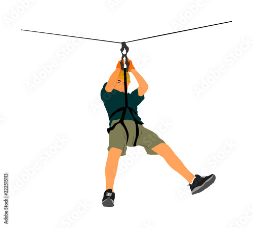 Extreme sportsman took down with rope. Man climbing vector illustration, isolated on white. Sport weekend zipline action in adventure park rope ladder. Ropeway for fun, team building. Rescue mission.