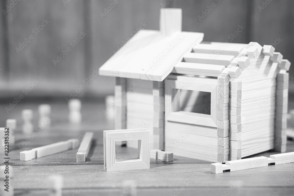 Toy wooden house. The constructor is made of natural wood for ch