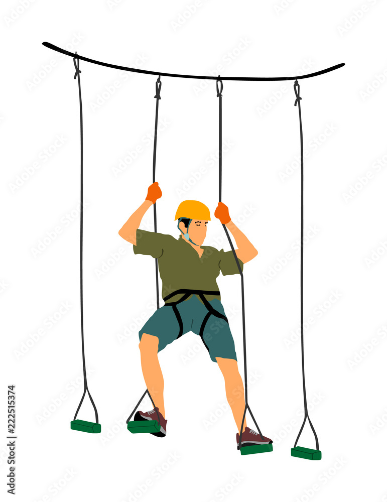 Extreme sportsman took down with rope. Man climbing vector illustration,  isolated on white. Sport weekend zipline action in adventure park rope  ladder. Ropeway for fun, team building. Rescue mission. Stock Vector