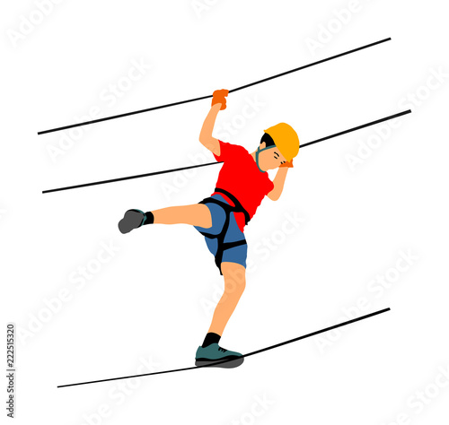 Extreme sportsman took down with rope. Man climbing vector illustration, isolated on white. Sport weekend zipline action in adventure park rope ladder. Ropeway for fun, team building. Rescue mission.