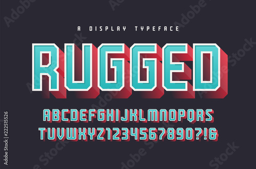 Rugged vector stylish 3d display typeface, font, uppercase lette