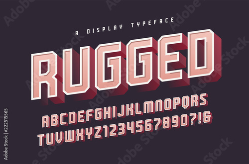 Rugged vector stylish 3d display typeface, font, uppercase lette