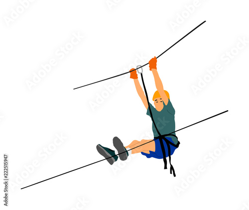 Extreme sportsman took down with rope. Boy climbing vector illustration, isolated on white. Sport weekend zipline action in adventure park rope ladder. Ropeway for fun, team building. Rescue mission.