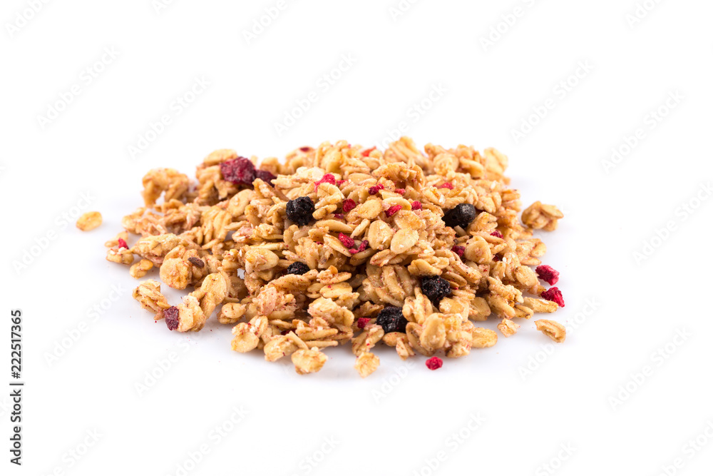 Muesli oat cereals close up background with dry fruits Muesli oat cereals close up background with dry fruits