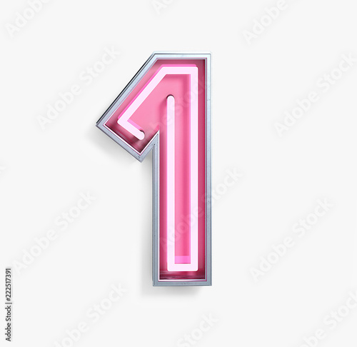 Bright Neon Font with fluorescent pink tubes. Number 1. Night Show Alphabet. 3d Rendering Isolated on White Background.