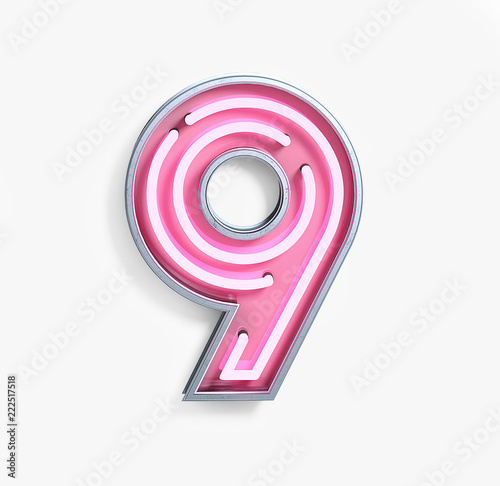 Bright Neon Font with fluorescent pink tubes. Number 9. Night Show Alphabet. 3d Rendering Isolated on White Background. photo