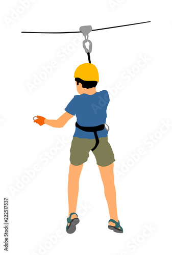 Extreme sportsman took down with rope. Boy climbing vector illustration, isolated on white. Sport weekend zipline action in adventure park rope ladder. Ropeway for fun, team building. Rescue mission.