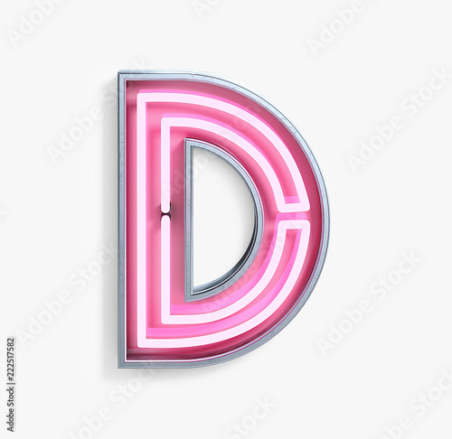 Bright Neon Font with fluorescent pink tubes. Letter D. Night Show Alphabet. 3d Rendering Isolated on White Background.