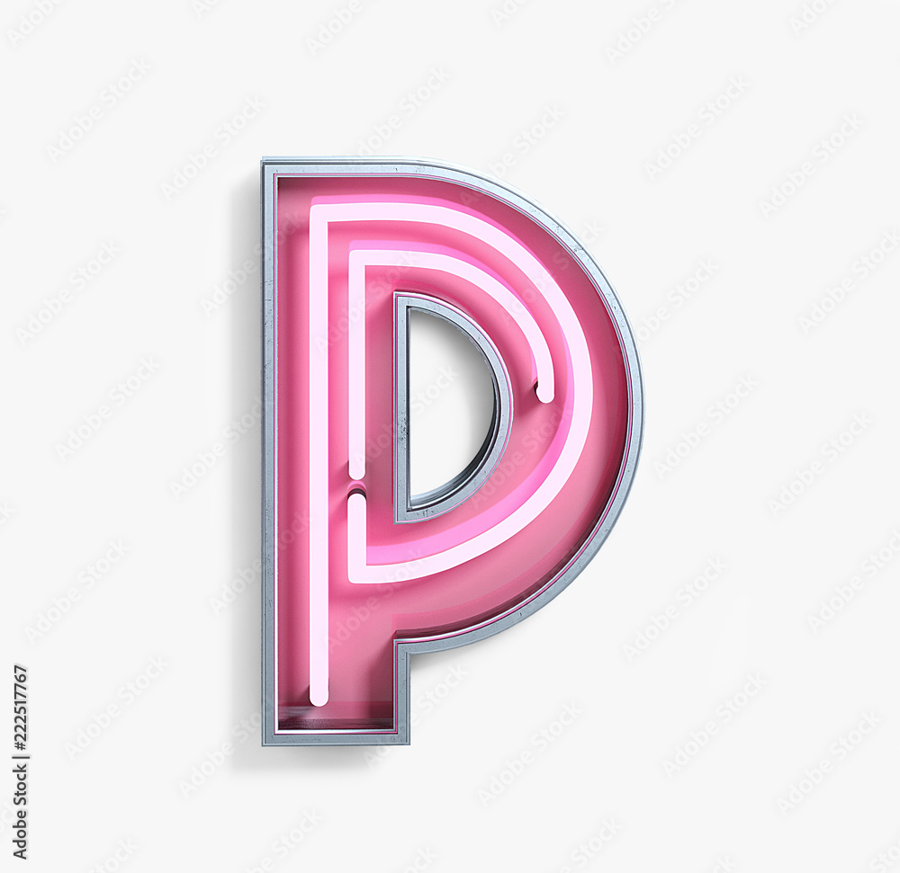 Bright Neon Font with fluorescent pink tubes. Letter P. Night Show Alphabet. 3d Rendering Isolated on White Background. - obrazy, fototapety, plakaty 