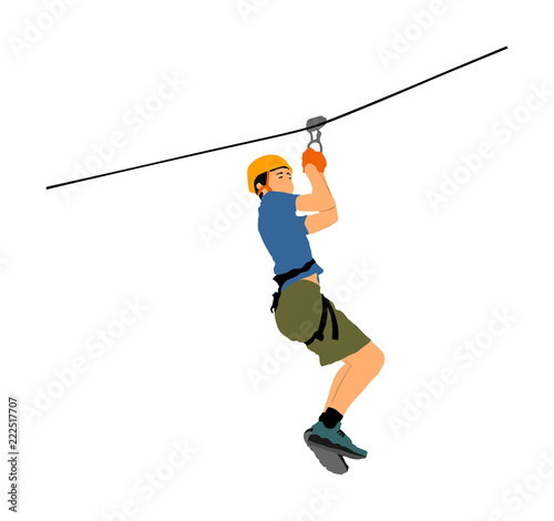 Extreme sportsman took down with rope. Boy climbing vector illustration, isolated on white. Sport weekend zipline action in adventure park rope ladder. Ropeway for fun, team building. Rescue mission.