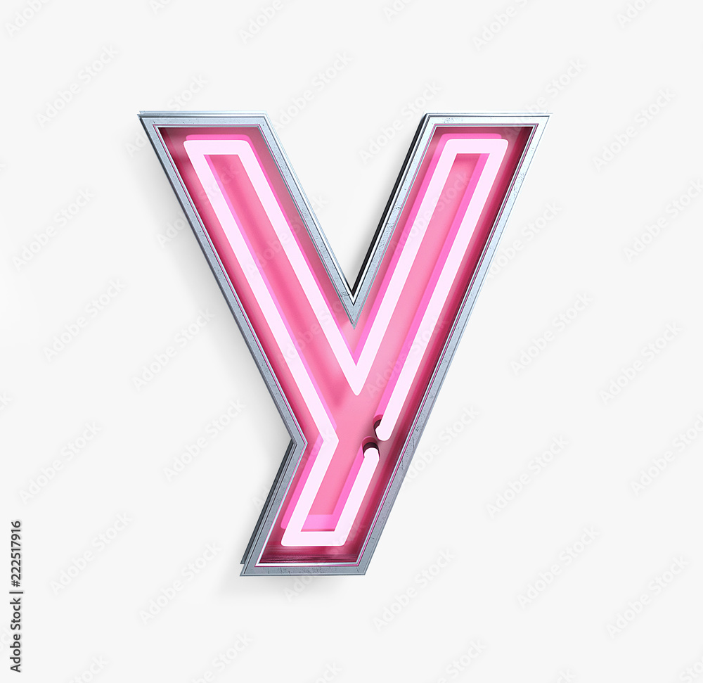 Bright Neon Font with fluorescent pink tubes. Letter Y. Night Show Alphabet. 3d Rendering Isolated on White Background. Bright Neon Font with fluorescent pink tubes. Letter Y. Night Show Alphabet. 3d Rendering Isolated on White Background.