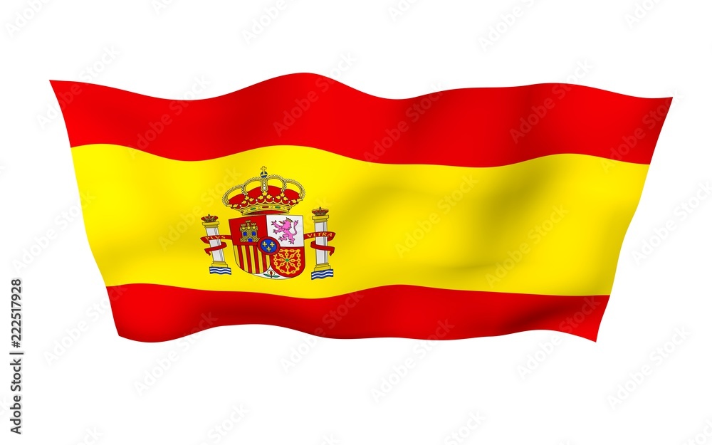 Obraz premium The flag of Spain. Official state symbol of the Kingdom of Spain. Concept: web, sports pages, language courses, travelling, design elements. 3d illustration