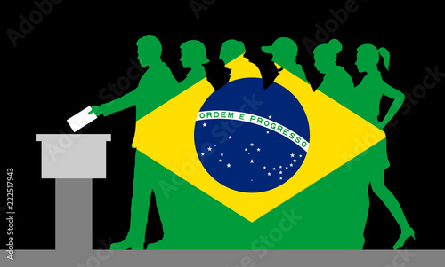 Brazilian voters crowd silhouette like Brazil flag by voting for election