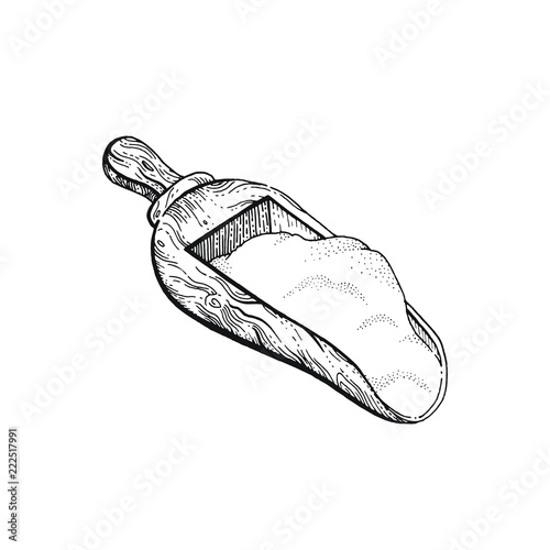 Vector illustration of hand draw wooden spoon with wheat flour. Sketched concept. Black line art drawing, isolated on white background. Gluten food ingredient graphics. Engraving retro vintage icon