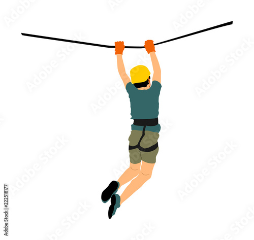 Extreme sportsman took down with rope. Boy climbing vector illustration, isolated on white. Sport weekend zipline action in adventure park rope ladder. Ropeway for fun, team building. Rescue mission.