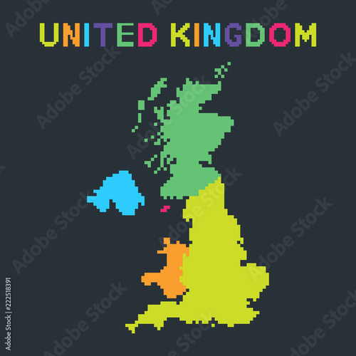 Map of United Kingdom in 8 bit pixel art style. Color vector illustration