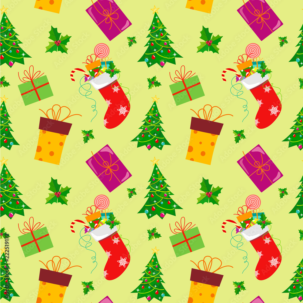 A seamless pattern for Christmas holidays with fir trees and gifts in the style of a flat