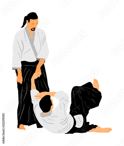 Fight between two aikido fighters vector symbol illustration. Sparring on training action. Self defense, defence art excercising concept. Karate and aikido fighters. Traditional warriors skills.