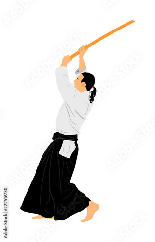 Aikido fighter vector illustration. Training action. Self defense, defence art excercising concept. Aikido instructor demonstrate skill with katana. Traditional warriors skills from Asia. Kendo fight.