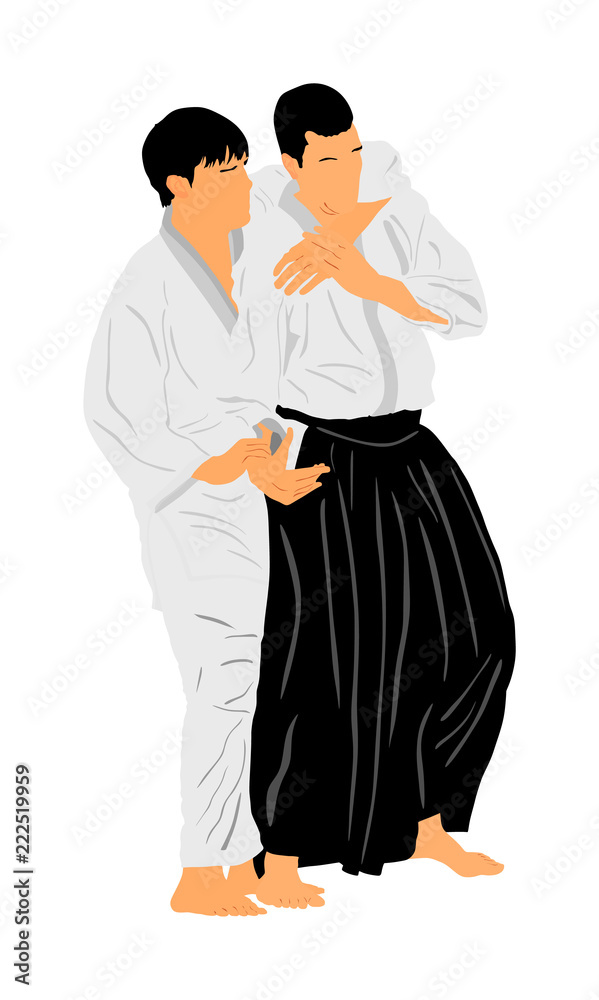 Fight between two aikido fighters vector symbol illustration. Sparring on training action. Self defense, defence art excercising concept. Karate and aikido fighters. Traditional warriors skills. Fight between two aikido fighters vector symbol illustration. Sparring on training action. Self defense, defence art excercising concept. Karate and aikido fighters. Traditional warriors skills.
