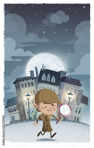 Tableau sur toile niño detective con lupa en la ciudad de noche