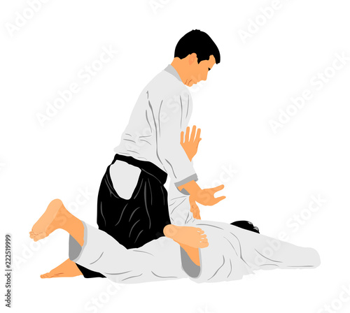 Fight between two aikido fighters vector symbol illustration. Sparring on training action. Self defense, defence art excercising concept. Karate and aikido fighters. Traditional warriors skills.