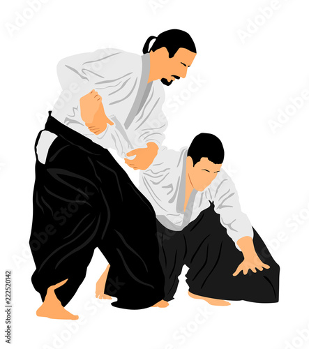 Fight between two aikido fighters vector symbol illustration. Sparring on training action. Self defense, defence art excercising concept. Karate and aikido fighters. Traditional warriors skills.