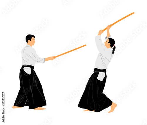 Fight between two aikido fighters vector silhouette symbol illustration. Sparring on training action. Self defense, defence art exercising concept.