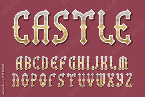 Castle golden alphabet. Gaming medieval stylized font. Isolated english alphabet.