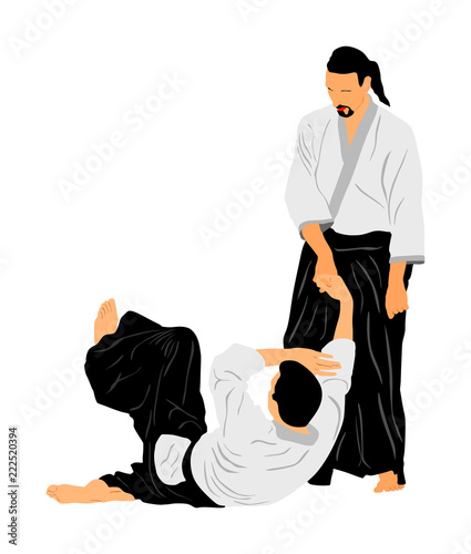 Fight between two aikido fighters vector symbol illustration. Sparring on training action. Self defense, defence art excercising concept. Karate and aikido fighters. Traditional warriors skills.