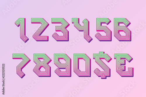 Gaming stylized colored numbers with dollar and euro symbols.