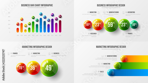 Premium quality marketing analytics presentation vector illustration template bundle. Business data visualization creative design layout. Amazing corporate statistics information infographic set.