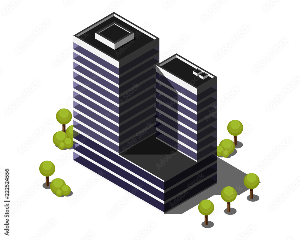 Isometric building vector illustration. Two tower skyscraper 3d icon ...